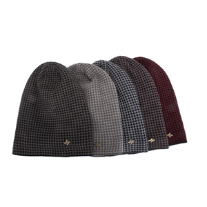 Winter houndstooth knit beanies in five colors with gold metal logo tag detail