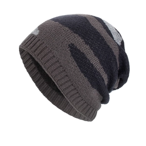 Three-color striped knit beanie in dark grey, black and light grey for winter