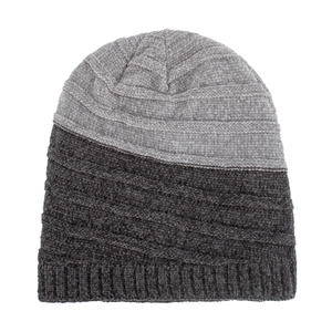 Winter chenille knit beanie with grey horizontal stripes and ribbed cuff design