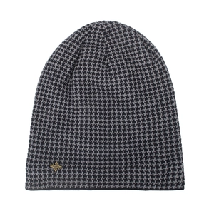 Winter long knit beanie with black and grey geometric pattern and gold metal logo label