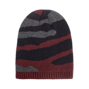 Three-tone striped knit beanie in burgundy grey and black camouflage style for winter