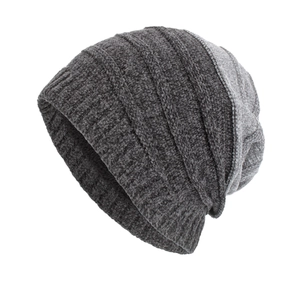 Winter chenille knit beanie with grey horizontal stripes and thick ribbed texture