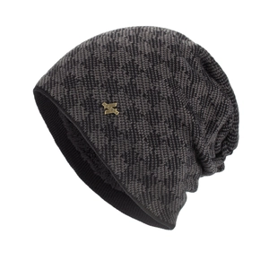 Bonnet d'hiver tricoté avec motif gris chiné, doublure polaire chaude et logo en métal