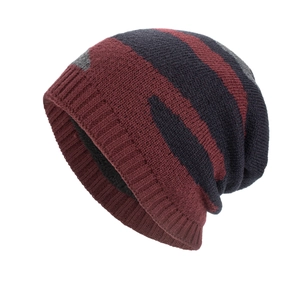 Three-color striped knit beanie in navy, dark red, and grey with ribbed cuff for winter