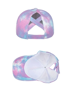 Detail of tie-dye baseball cap featuring elastic cross bands for high ponytail styles
