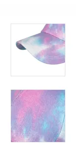 Close-up of tie-dye baseball cap fabric featuring pink, blue, and purple twill texture