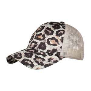 Gewaschene Trucker-Kappe mit Leopardenmuster, Netzrückseite und elastischem Pferdeschwanz