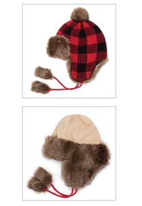 Detail of red and black buffalo plaid winter trapper hat with soft brown faux fur lining
