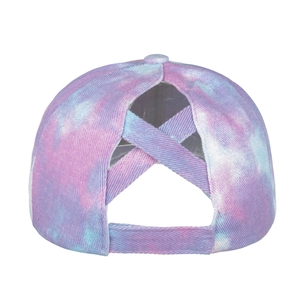 Pink and blue tie-dye ponytail baseball cap with criss-cross elastic bands for women