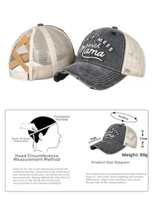 Detailed size specifications for washed grey ponytail baseball cap with 56-60cm circumference