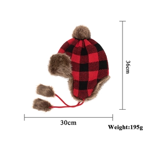 Women Winter Knit Trapper Hat Buffalo Plaid Faux Fur Lined Ear Flap Beanie With Pom Poms Warm Outdoor Pilot Hat