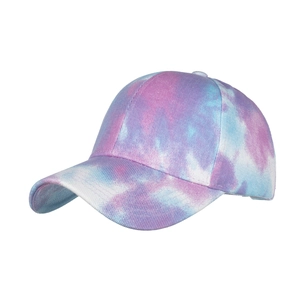 Unisex tie-dye baseball cap featuring vibrant purple and blue swirls on a white background