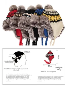 Winter aviator hat details showing size 27x36cm with faux fur lining and pompom decor
