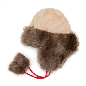 Winter checkered plush trapper hat with beige fleece top and brown faux fur ear flaps