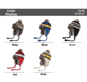 Winter earflap trapper hats in grey, blue, black, red, and beige with knit patterns