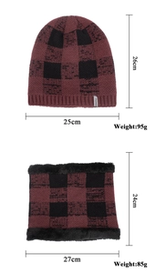 Detail view of plaid knit hat and neck warmer set with warm faux fur lining