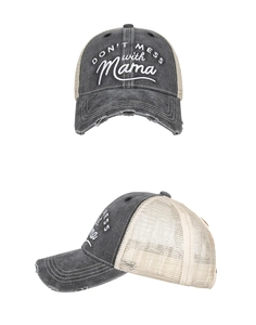Detail of gray distressed trucker hat with white Don't Mess with Mama embroidery