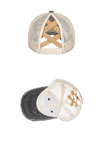 Detailed back view of a ponytail baseball cap with criss-cross elastic bands and mesh back