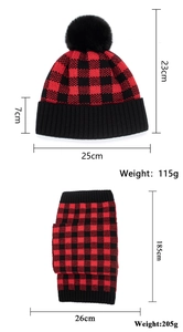 Detailed dimensions of red and black buffalo plaid knitted hat and scarf winter set