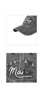 Macro detail of black washed cotton baseball cap with Don't Mess with Mama embroidery