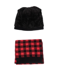 Detail of red and black buffalo plaid scarf with soft fleece lined winter beanie hat