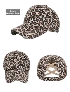 Detail of beige leopard print baseball cap with cross elastic back for high ponytails