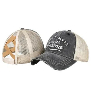 Womens Distressed Washed Cotton Mesh Trucker Hat Embroidery Ponytail Criss Cross Baseball Cap Mess With Mama Sun Hat