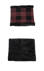 Detail view of red and black buffalo plaid knitted neck warmer with soft black faux fur lining