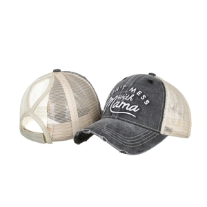 Distressed grey and beige trucker hat with Don't Mess with Mama embroidery and mesh back