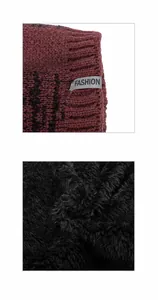 Detail showing plush black faux fur lining and red checkered knit of winter hat set