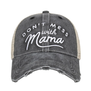 Vintage grey washed cotton trucker hat with white Don't Mess with Mama embroidery
