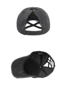 Detail view of washed cotton baseball cap with elastic criss-cross ponytail back design
