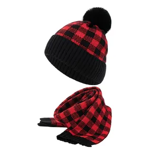 Winter Warm Acrylic Buffalo Plaid Beanie Hat Scarf Set With Pompom For Women Men Casual Jacquard Knit Outdoor Weather Set