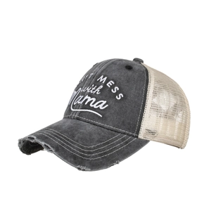Distressed dark gray trucker hat with mesh back and Don't MESS with Mama embroidery