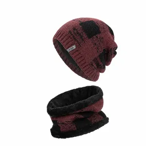 Unisex Winter Warm Knit Hat Scarf Set Plaid Acrylic Beanie Fleece Lined Neck Warmer Thermal Accessories For Outdoor
