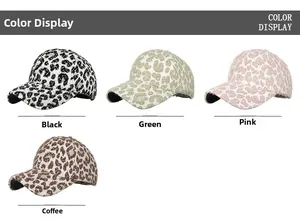 Detaillierte Farbauswahl der Leoparden-Baseballkappen in Schwarz, Grün, Rosa und Kaffee