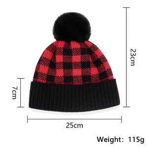 Winter red and black buffalo check knitted beanie with faux fur pom and rib cuff