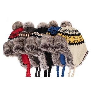 Winter knitted earflap trapper hat with pompom and Nordic jacquard pattern in five colors