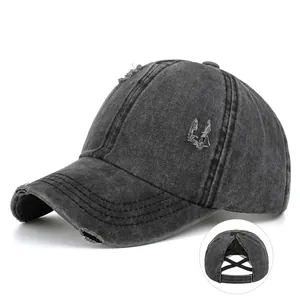 Distressed Washed Baseball Cap With Ponytail Hole Criss Cross Elastic Back Plain Vintage Sun Hat For Women Men Fashion Accessory