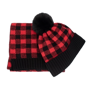 Winter knitted hat and scarf set featuring classic red and black plaid with faux fur pom