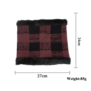 Winter plaid knitted neck warmer with black faux fur lining and checkered pattern