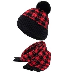 Winter warm knitted hat and scarf set with red and black buffalo plaid and faux fur pom