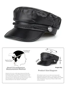 Size chart showing head circumference and dimensions for black PU leather beret hat