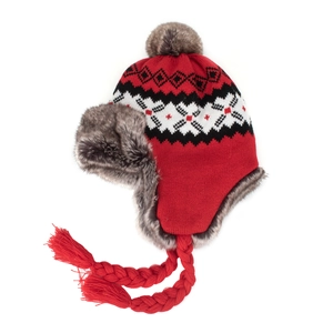 Winter knitted trapper hat with red snowflake pattern and plush faux fur trim and earflaps