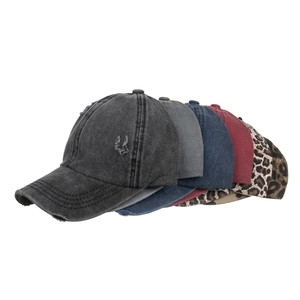 Distressed washed baseball caps collection with criss-cross elastic ponytail back and leopard print
