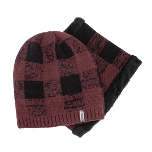 Plaid knitted winter beanie hat and scarf set with thick warm faux fur lining