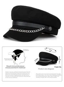 Detailed size guide for black beret with silver chain showing 57cm head circumference