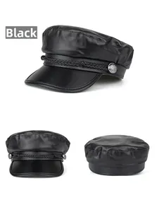 Three perspectives of a black PU leather baker boy hat with braided trim and silver buttons
