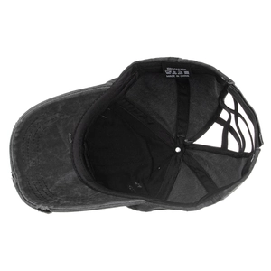 Faded grey cotton ponytail baseball cap featuring cross elastic bands and distressed brim