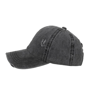 Vintage washed charcoal gray baseball cap with criss-cross elastic ponytail band and embroidery
